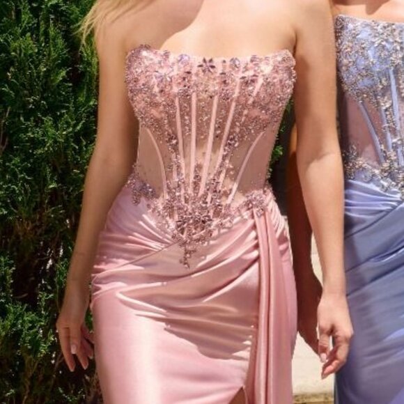 Cinderella Dresses & Skirts - New Blush Beaded Graduation Long Satin Gown w/Corset Bodice & Side Drape CD C169